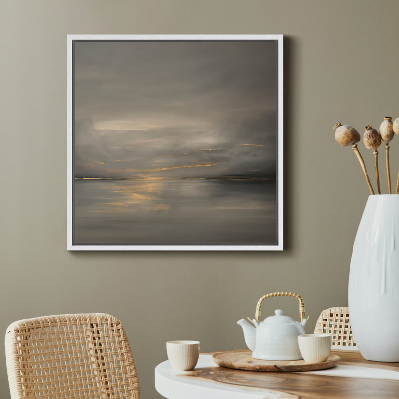 «Moody Neutral Seascape with Soft Horizon and Golden Reflections», reproduction d'art sur toile encadrée
