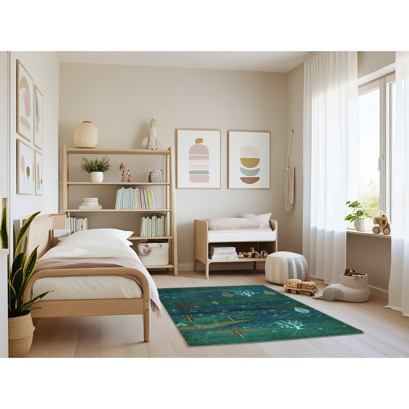 Tapis bleu / vert foncé en laine et en polyester tissé à la machine Eklavya, Rectangle 4 pi x 6 pi