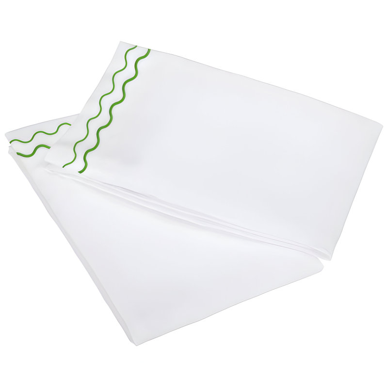 400TC Double Wavy Embroidered Cotton Pillowcases (Set Of 2), White/Parrot Green, 20"H x 30"W