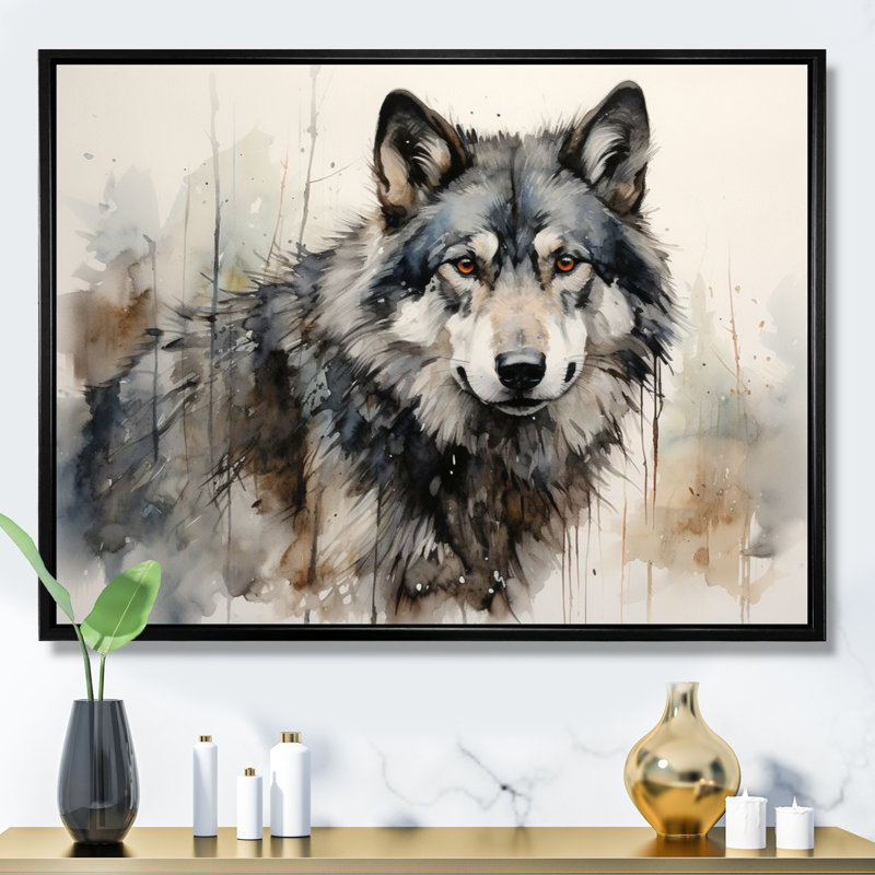 Loup solitaire - Décoration murale loup, H 16 po x l 32 po, Reproduction avec cadre flottant, Noir
