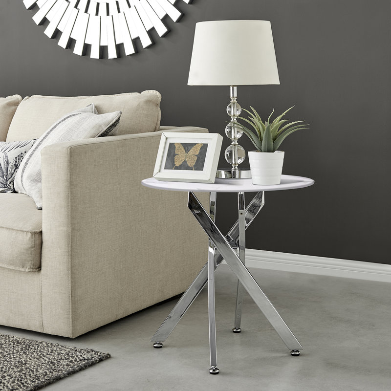 Cesarino Marble Effect Round Sofa Side Table - Glass Topped Metal Leg Small Table, White, Silver