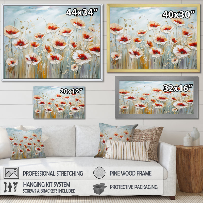 Champ de coquelicots rouges et gris, H 16 po x l 32 po x P 1 po, Cadre simple noir