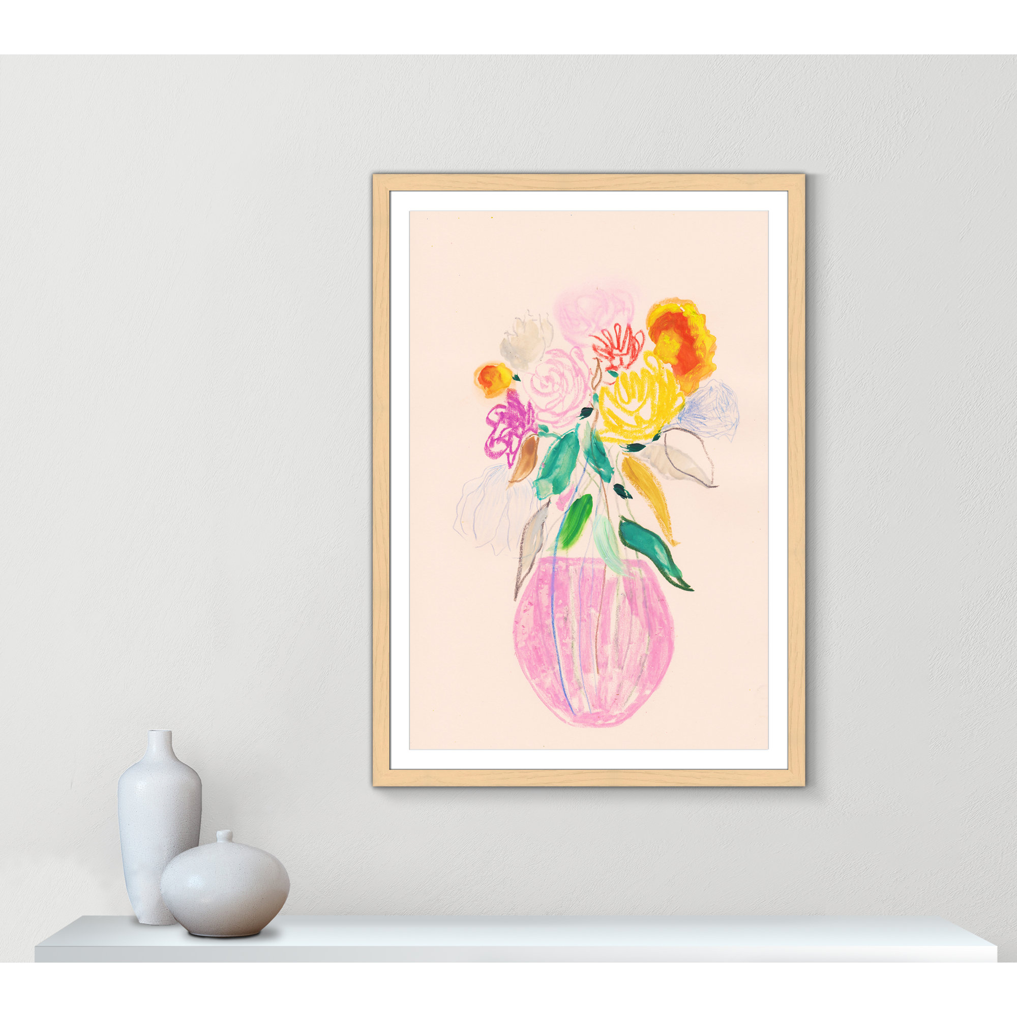 Simple Floral I Print by Bea Dina, 55" H x 39" W x 1.25" D, Natural Single Picture Framed Paper, White