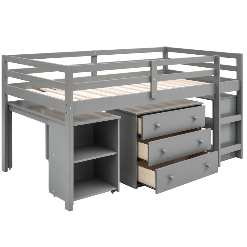 Lit mezzanine simple gris avec bureau fonctionnel et classeur à roulettes pour une utilisation quotidienne, Gris