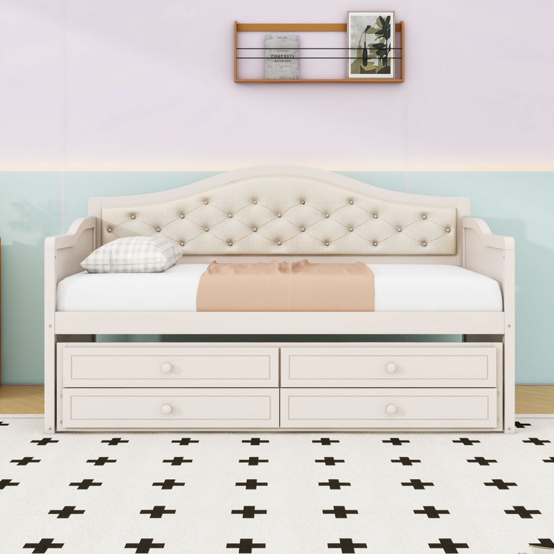 Lit de jour simple avec lit gigogne et 2 tiroirs de rangement, Beige