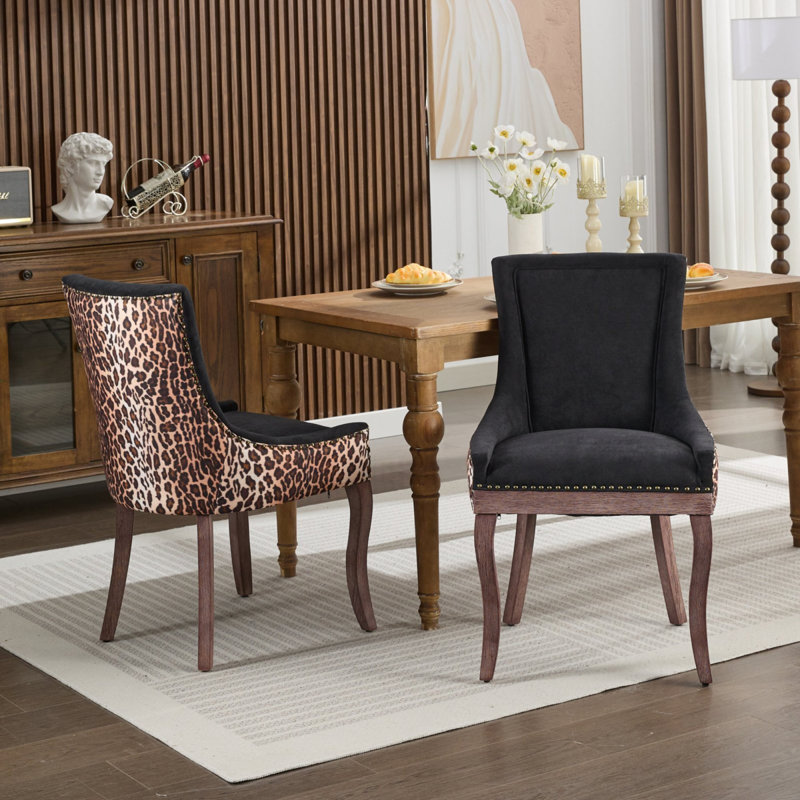 A&a furniture ultra side dining chairs | set of 2 | thickened fabric, solid wood legs | bronze nailhead, Black/Brown Leopard