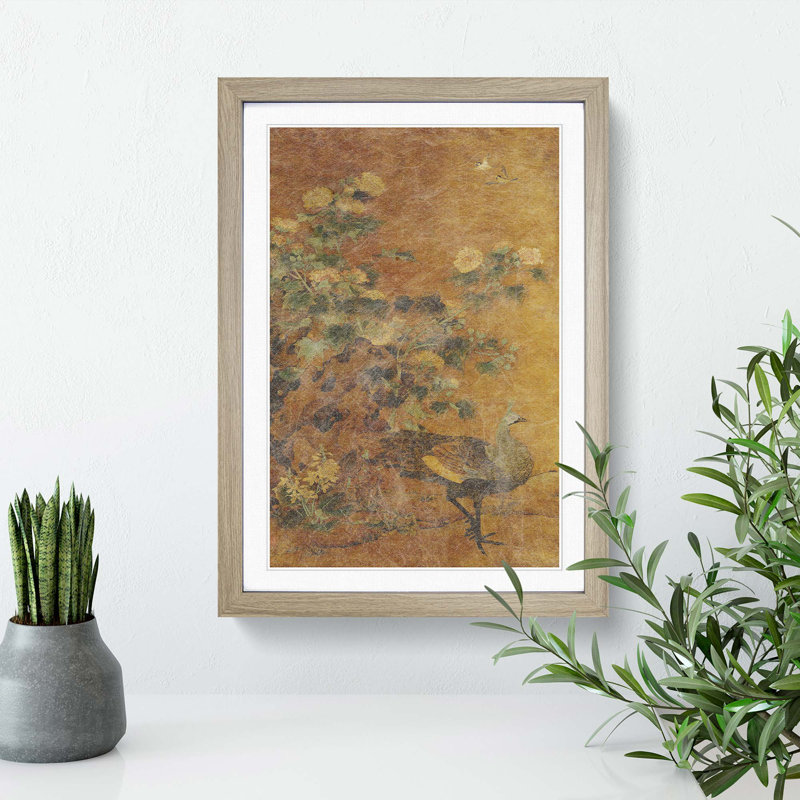 Peacock & Hollyhocks by Bian Lu - Picture Frame Painting Print, 36cm H x 27cm W x 2cm D, Oak Framed