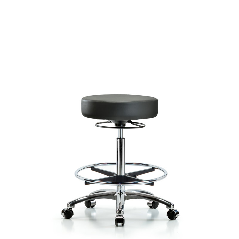Tabouret en vinyle sans dossier - hauteur de banc moyenne avec anneau de pied chromé et roulettes en vinyle Supernova bleu marine