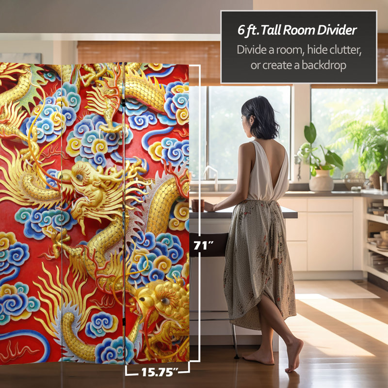 Cloison 3 panneaux dragon chinois traditionnel