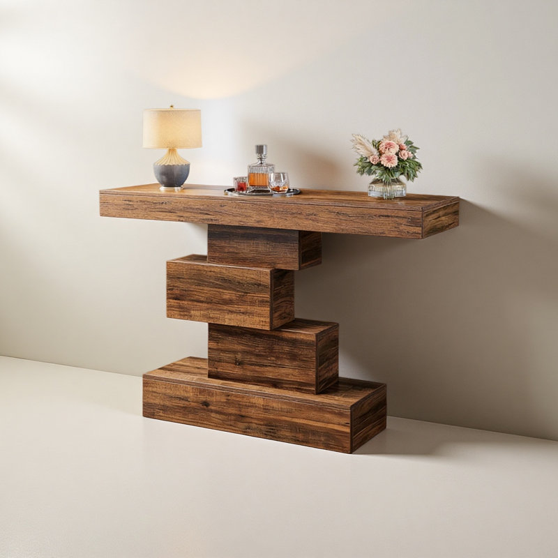 Console Table, Wood Sofa Table Accent Table with Geometric Base, Brown