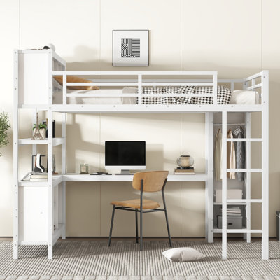 Lit mezzanine en métal avec garde-robe et bureau en L