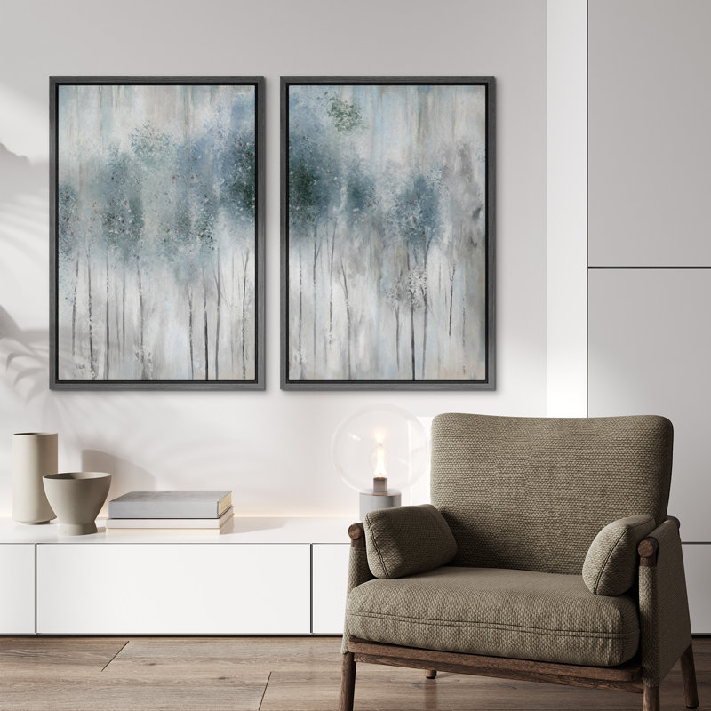 Abstrait forêt pastel aquarelle bleu sarcelle forêt abstraite paysage encadré sur toile 2 pièces, Noir, H 36 po x l 48 po
