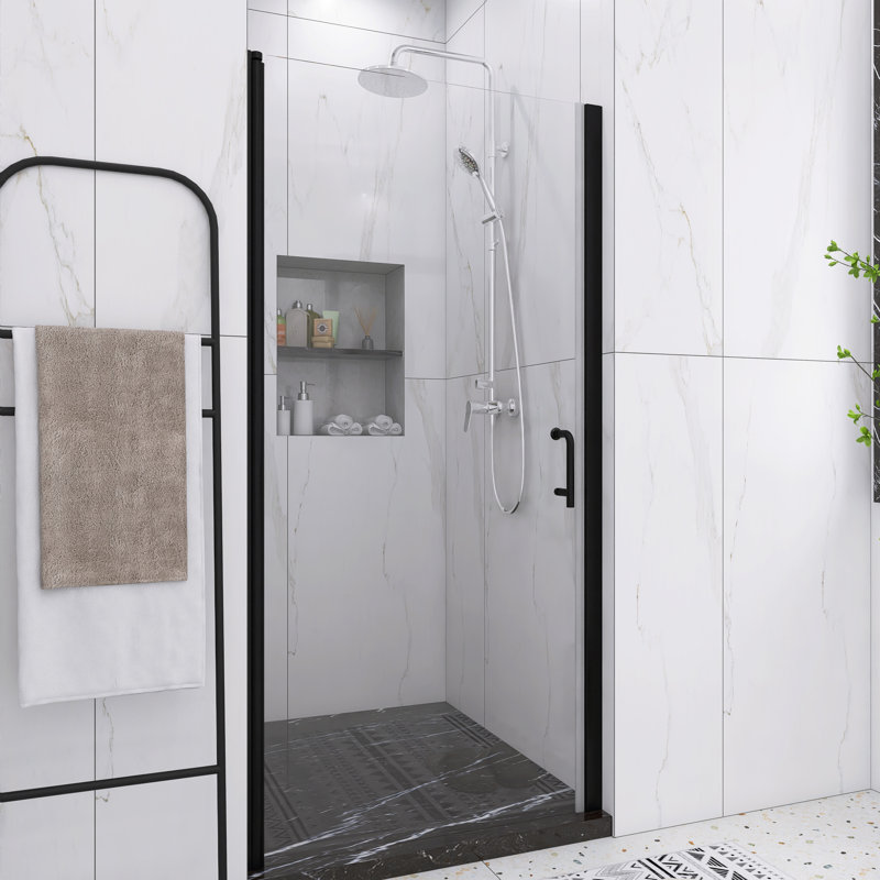 Porte de douche pivotante l 36 po x H 72 po à finition demi-cadre noir mat