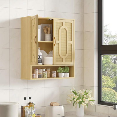 Rattan Bathroom Wall Cabinet, Medicine Cabinets With Adjustable Shelves, Wall Mounted Above Toilet Storage Organizer For Bathroom, Kitchen, Entryway