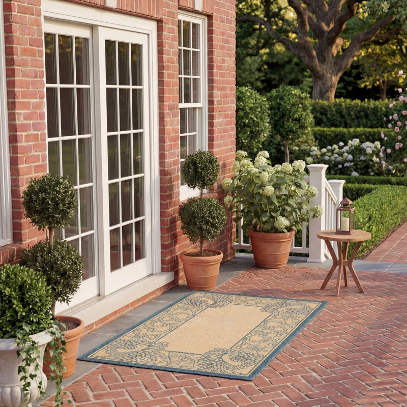 Arneshia Floral Natural/Blue Area Indoor/Outdoor Area Rug, Rectangle 2' x 3'7"