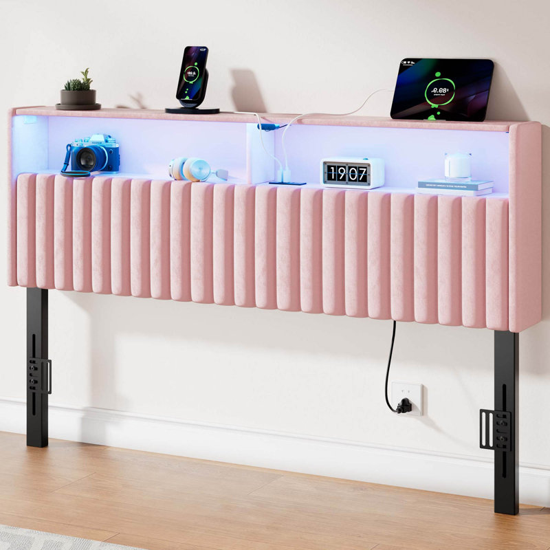 Berte Storage Upholstered Headboard With RGB LED Lights & Charging Station, Queen, Pink Velvet