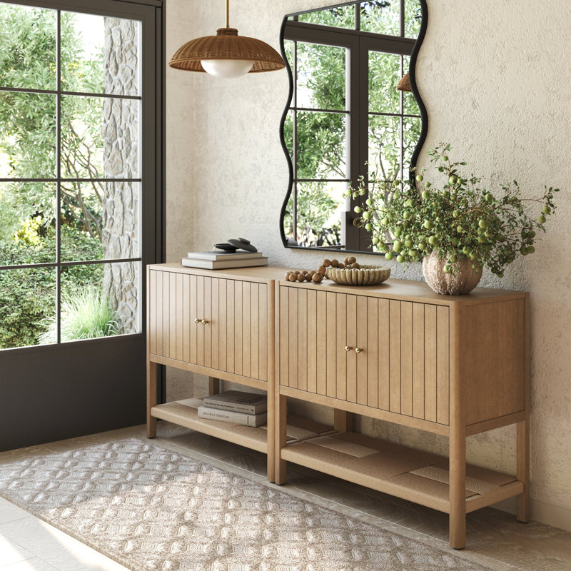 Wood Accent Cabinet Or TV Stand With Open Seagrass Storage, Brown