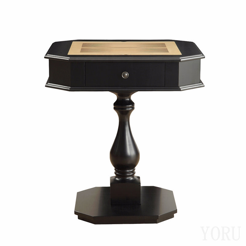 Table de jeu carrée avec base en bois et piédestal, noir