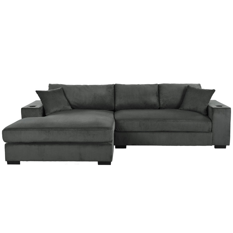 Grand canapé modulaire avec coussins épais et porte-gobelets intégrés et ports de chargement, Velours côtelé gris