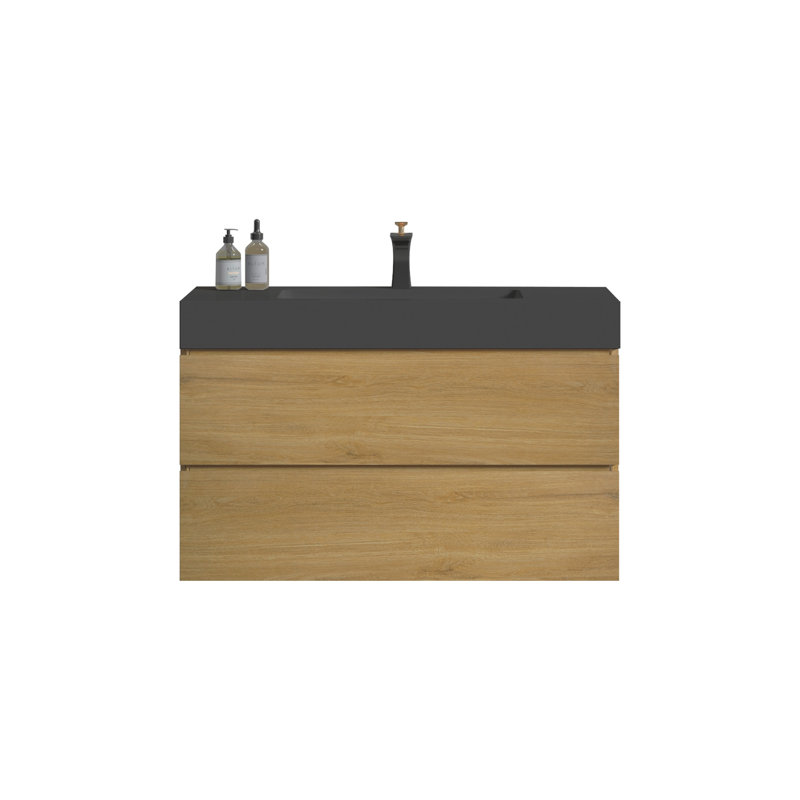 Meuble-lavabo élégant avec tiroirs doubles et conception sans poignée, offrant beaucoup de rangement et un look moderne.