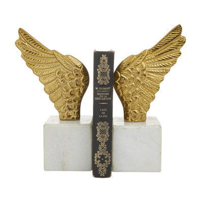 Aluminum Metal Wings Bird Decorative Bookends with Marble Base Set