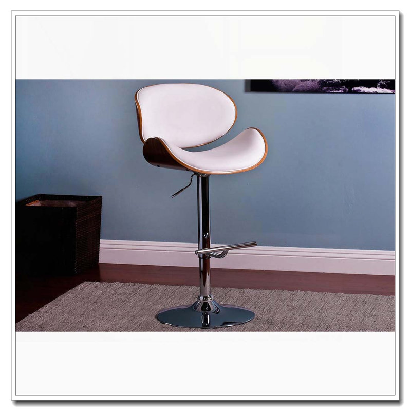 Modern Contemporary Swivel Walnut Bentwood Bar Stool – White Upholstery – Adjustable Height, White