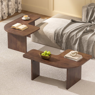 Mid Century Modern Coffee Table L-shaped, Nesting Center Table Set Of 2 For Living Room, Ruber Wood Coffee Table With Free Adjustable Shape, Minimalist Tea Table, Walnut Wood Color.