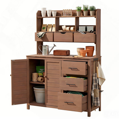 44.6" Farmhouse Freestanding Garden Potting Bench and Grill Prep Table with 6 Drawers and Cabinet, Brown