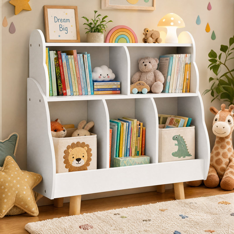 Bibliothèque en bois pour enfants avec 5 bacs de rangement pour jouets, bord ondulé à 3 niveaux pour chambre de bébé