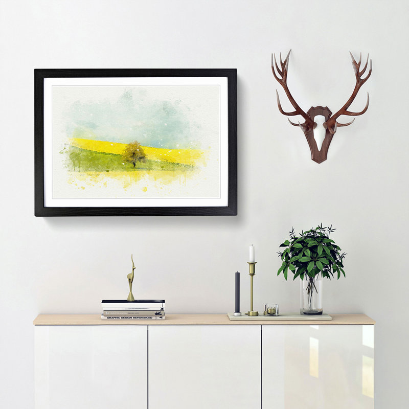 Lone Tree in a Yellow Meadow in Abstract - Picture Frame Graphic Art Print, 35cm H x 50cm W x 2cm D, Black