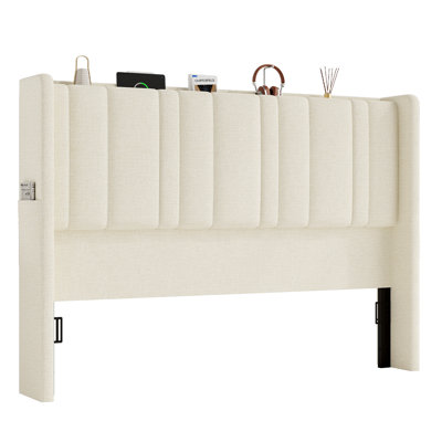 Queen Size Upholstered Linen Headboard with Storage, Charging Station & LED Light