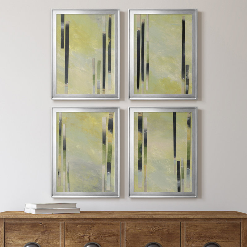 " Neutral Assemblage I " 4 - Pieces Painting Print, 30.5" H x 90" W x 1" D, Silver Framed