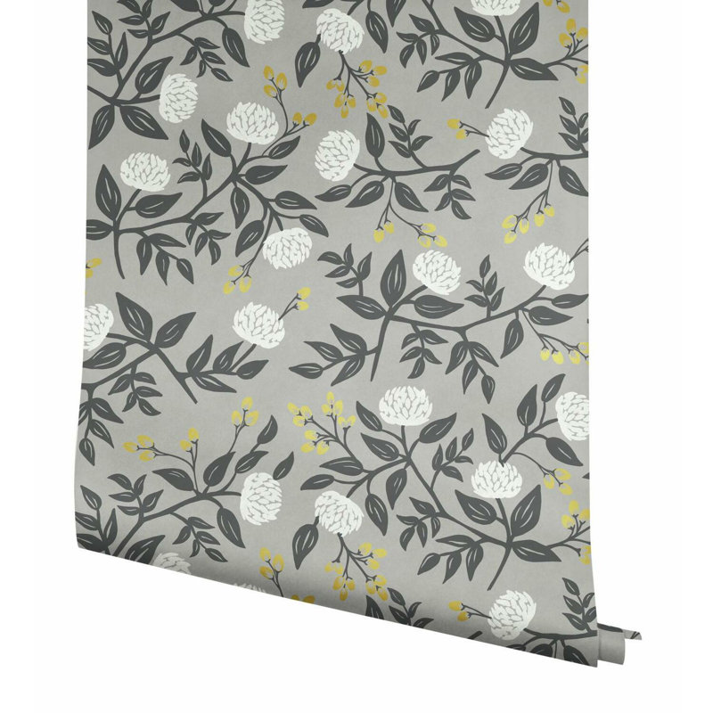 Papier peint pivoines 27 pi x 27 po, Gris / blanc