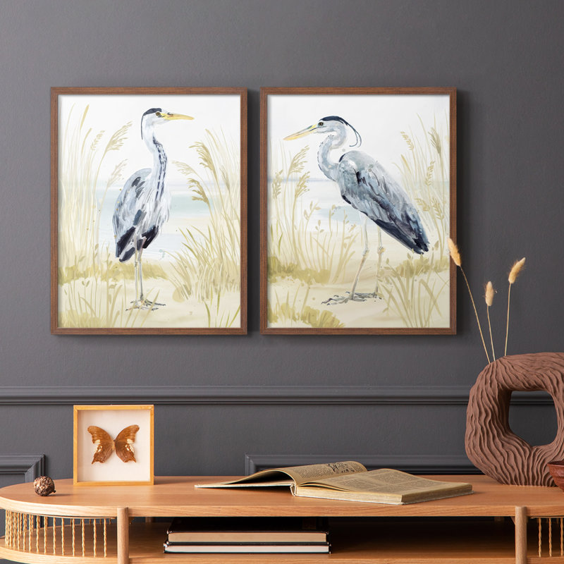 «Heron on the Coast I», reproduction encadrée de qualité supérieure - prête à être accrochée - aucun clou requis - aucun clou requis