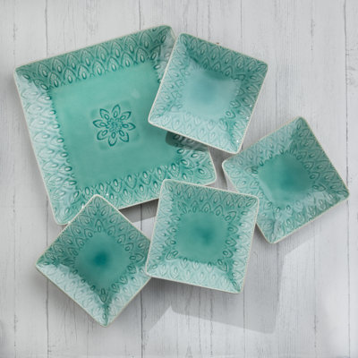 Euro Ceramica Peacock 5-piece Stoneware Square Serving Platter And Appetizers Plates Set In Lagoon