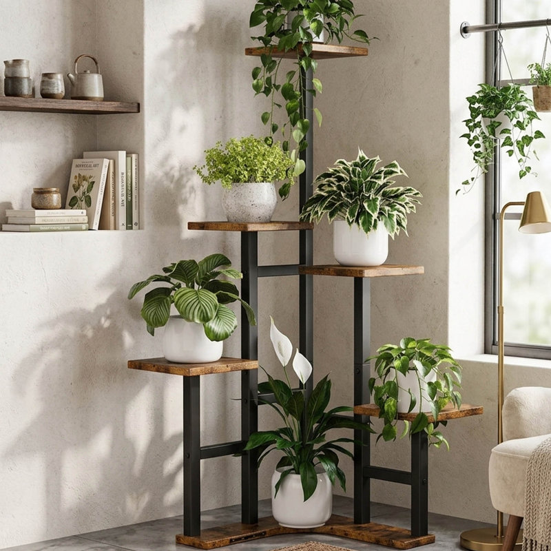 Support pour plante à 6 niveaux, tablette d'intérieur en forme de L pour plusieurs plantes, présentoir à fleurs en métal brun rustique pour le salon, le balcon, le patio