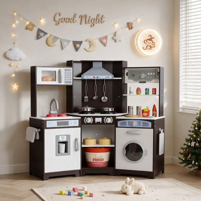 Multi-Function Kids Kitchen, Wooden Pretend Playset with Washing Machine, Realistic Range Hood, Ice Maker & Ample Storage for Endless Role Play(black)