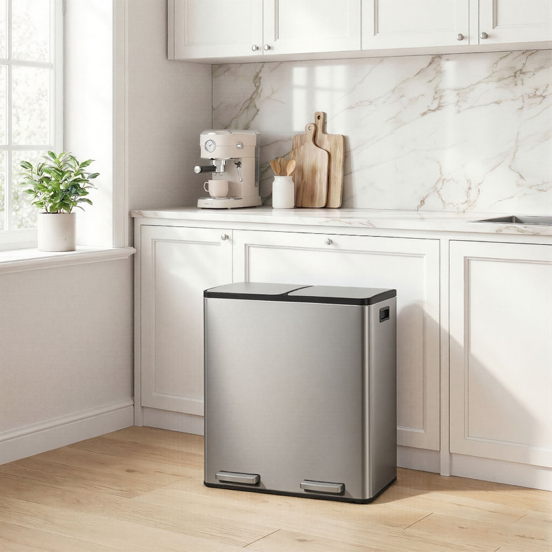 Ensemble de poubelles à double compartiment en acier inoxydable 2 x 8 gallons avec seaux intérieurs et sac poubelle, Argent