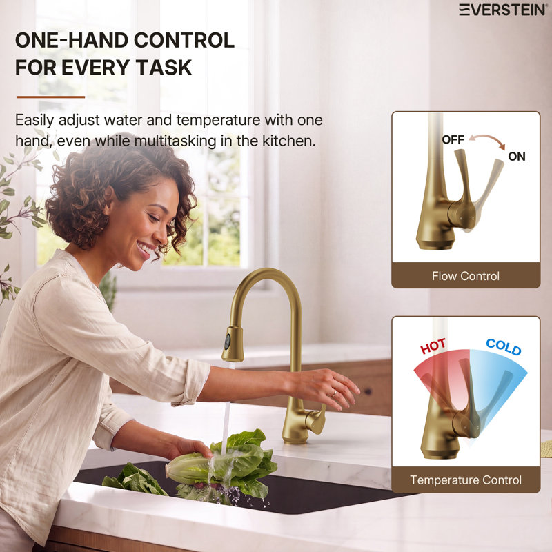 Pull Down Kitchen Sink Faucet, Single Handle Kitchen Faucet with Swivel Spout, Brushed Gold