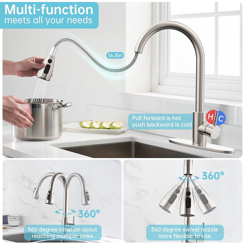 Brushed Nickel Stainless Steel Kitchen Faucet with Pull-Out Spray