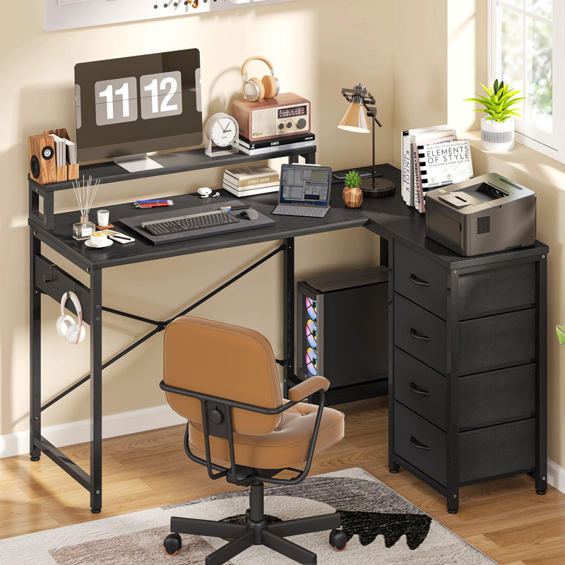 L-Shaped Computer Desk with Power Outlet, Black