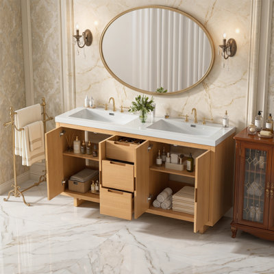 59.3" Modern Handle‑free Bathroom Vanity With 4 Doors & 3 Drawers, Soft‑close Hinges, Hidden Drawer Slides, Smc Resin Top