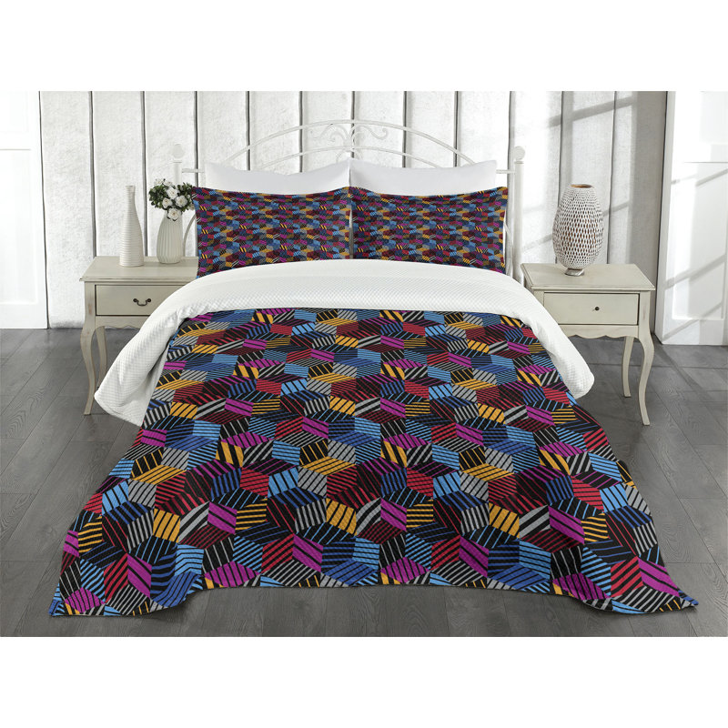 Ambesonne Geometric Bedspread 3D Cube Stripes Style Multicolor, King Coverlet/Bedspread + 2 Pillow Shams