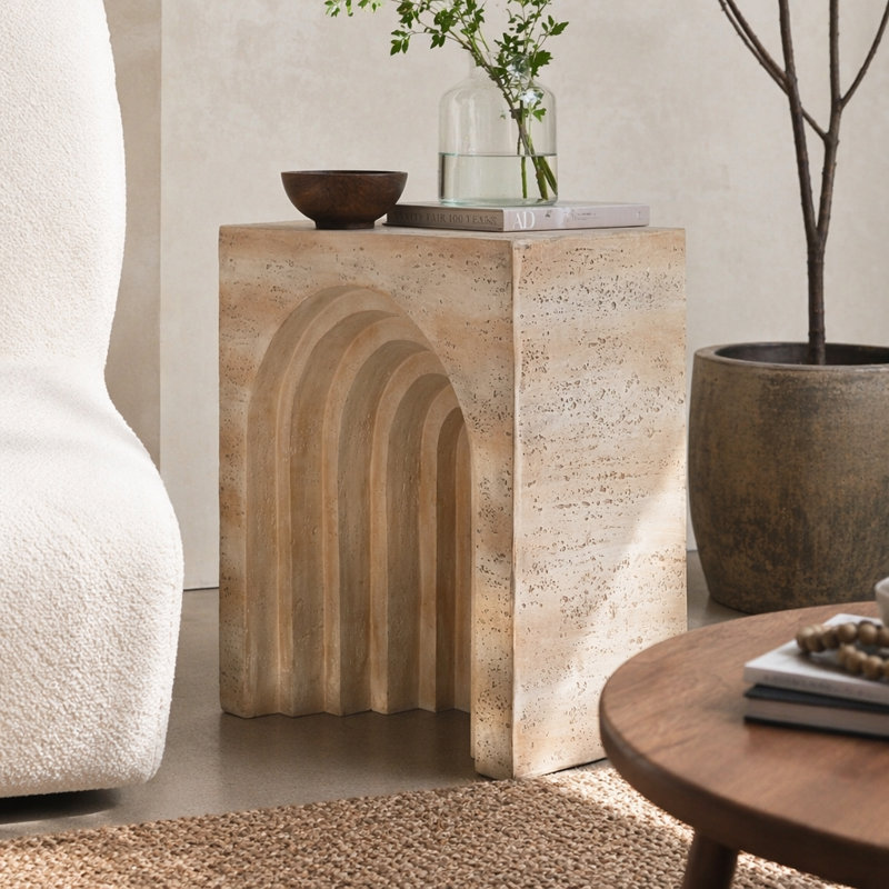 Console arquée 32,3 x 14,2 x 29,9 po moderne avec faux fini travertin beige