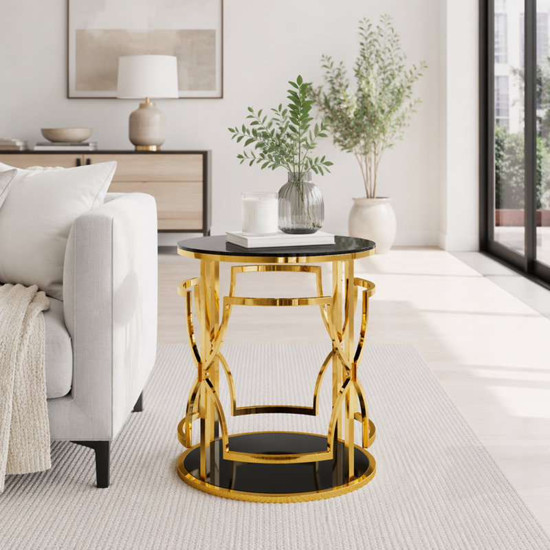 Table d'appoint ronde de luxe en or avec plateau en verre trempé et tablette de rangement, table de bout moderne glamour pour le salon, la chambre à coucher, le canapé, le petit espace