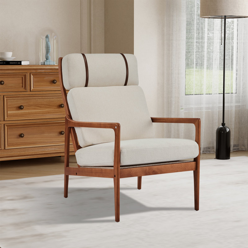 25.6" W Upholstered High Back Accent Armchair, Beige Polyester