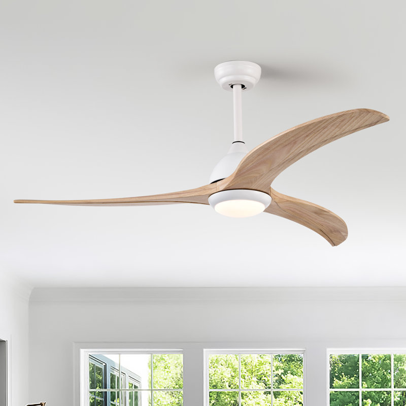 52" Solid Wood Blades Ceiling Fan With LED Light And Remote Control, White, Oak Wood