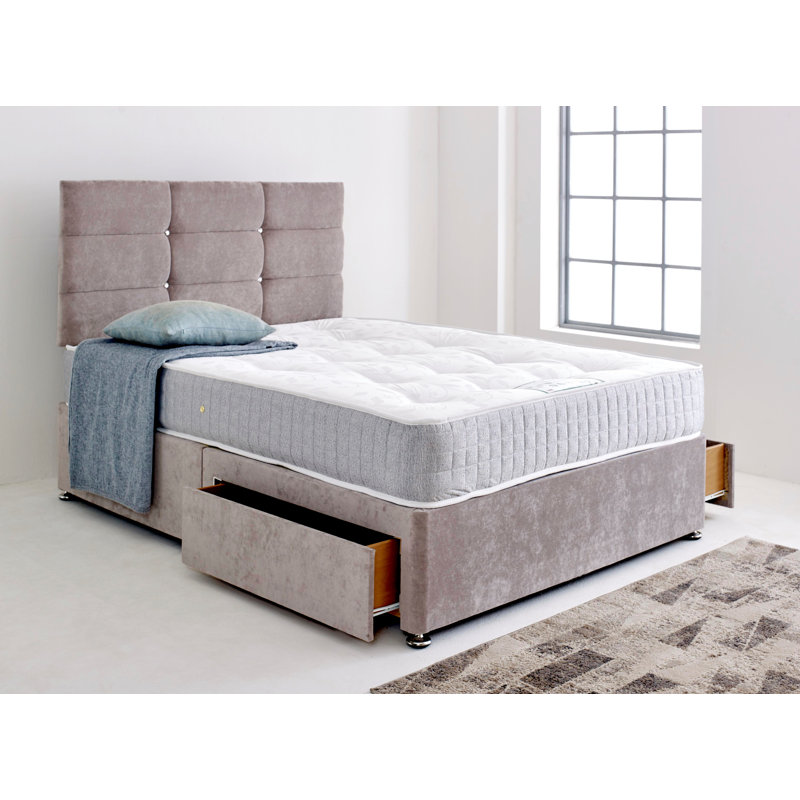Divan Bed Base with Cube Headboard, 2 Drawers Foot End, Grey, Small Double (120 x 190 cm)