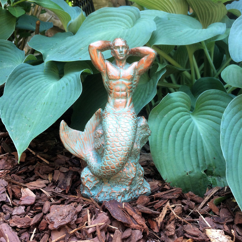 Statue de sirène de sirène sur la côte, H 21 po x l 11 po x P 9 po, Bronze patiné