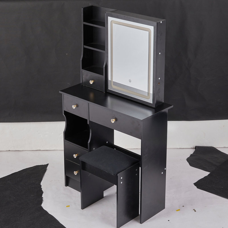 29.2" Small Size Left Drawer Desktop Vanity Table + Cushioned Stool, Large Sliding, Touch Control, Tri-Color Switching, Brightness Adjust LED Mirror, High Capacity Storage